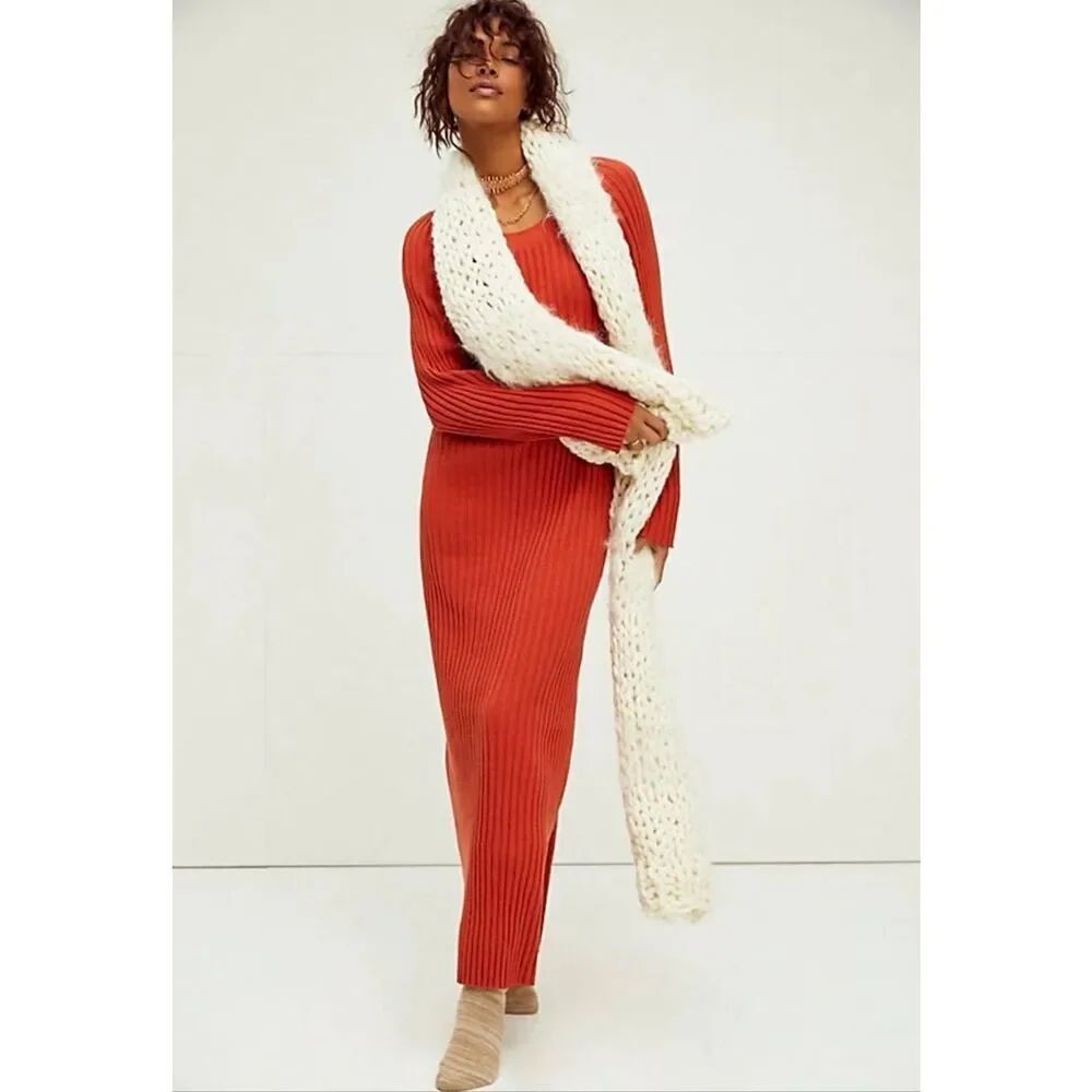 Free People Beach Walk About Ribbed Stretch Maxi Dress Size XS Orange Autumn